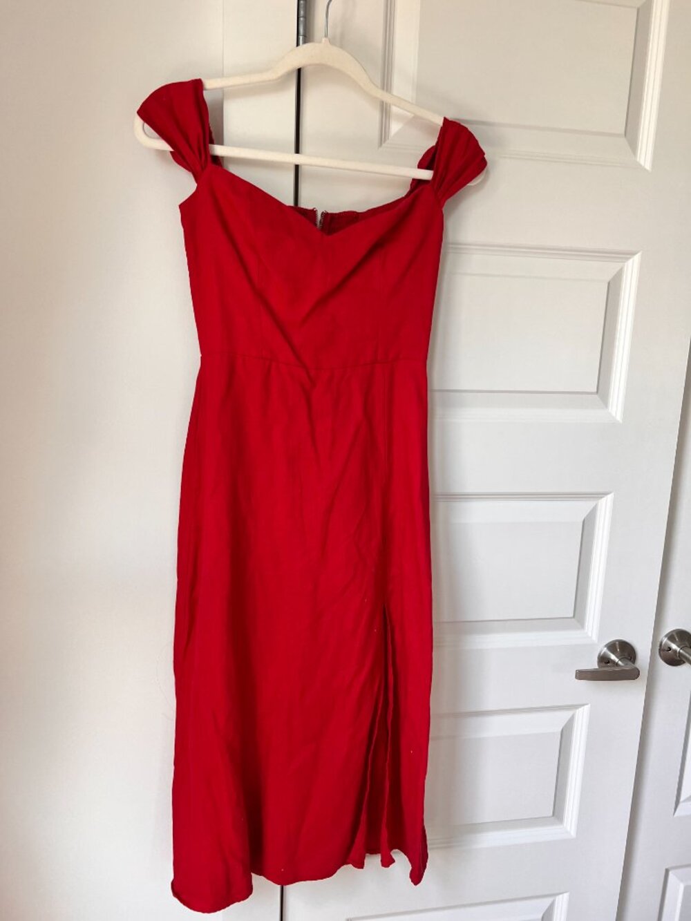 Reformation Bridgton Red Linen Off-Shoulder Midi Dress Sz 2 - Picture 3 of 11